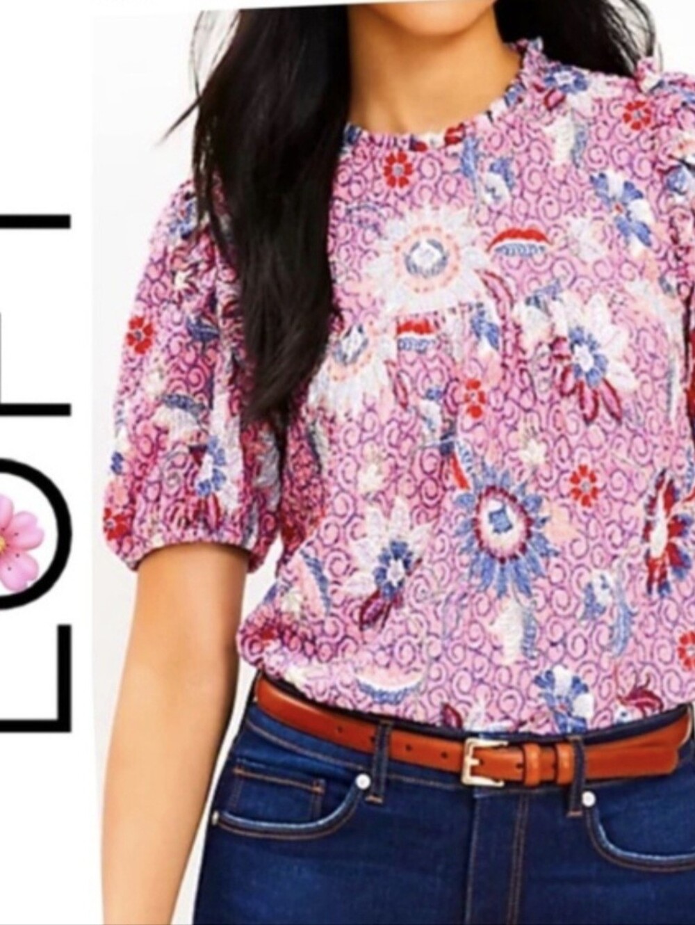 LOFT Pink and Navy Floral Smocked Top